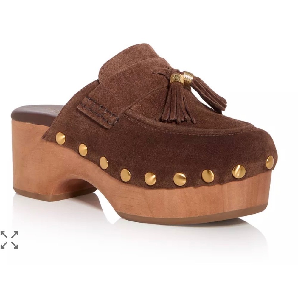 Rag &‎ Bone Maisie Brown Suede Tassel Clog Mules Studded Wood Platform Shoes 37